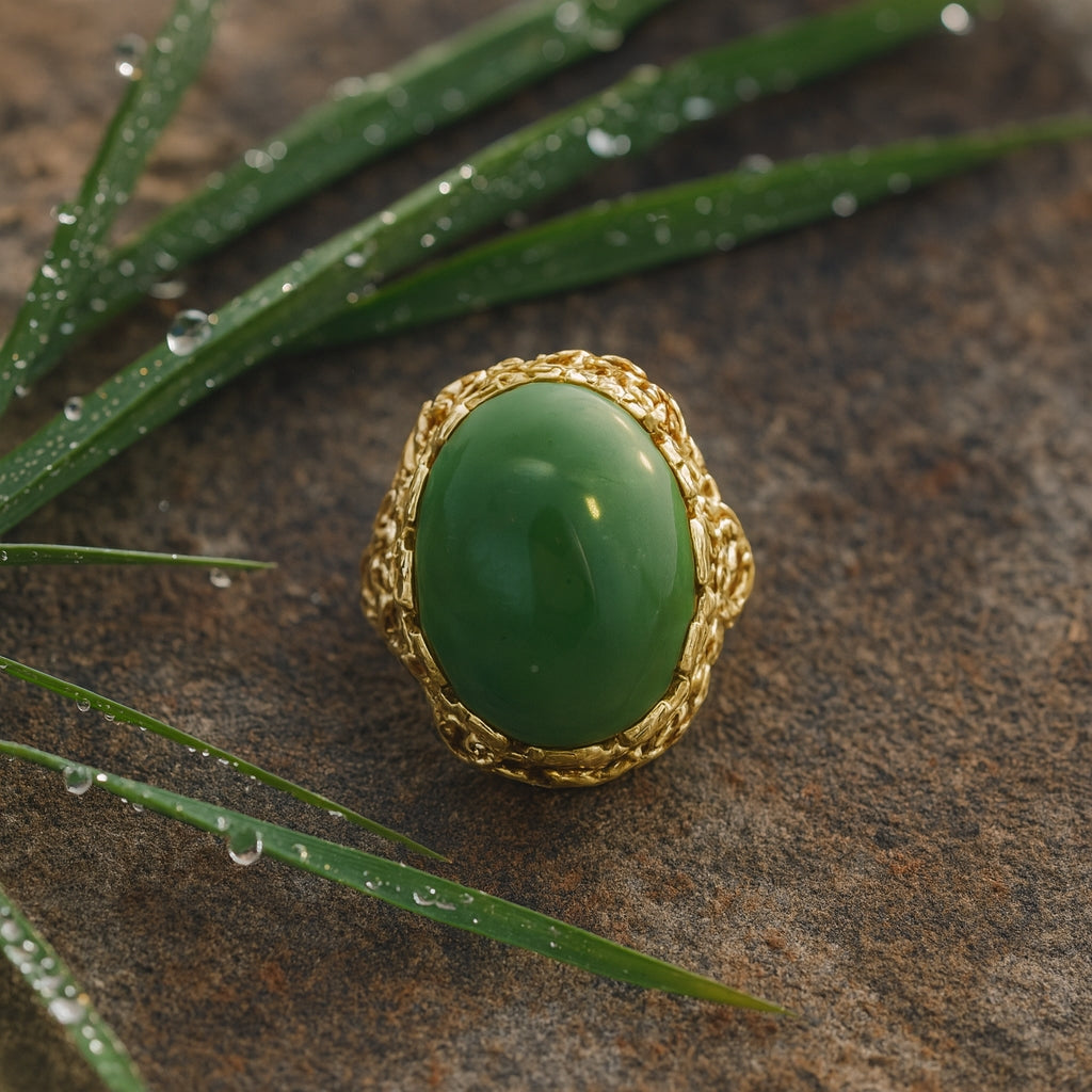 14K Yellow Gold Cocktail Ring with Large Cabochon Jade
