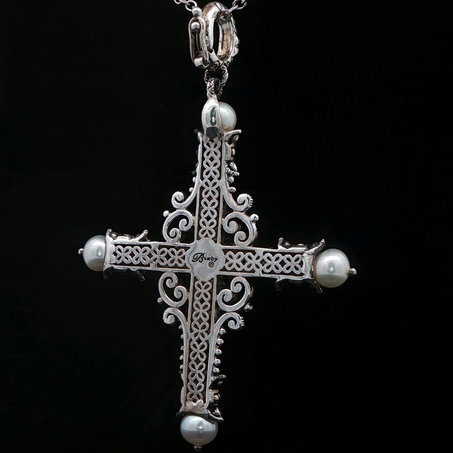 Sterling Silver Cross and 18k Yellow Gold Bali style, Barse Pearl-Accented Pendant with Gold Accents