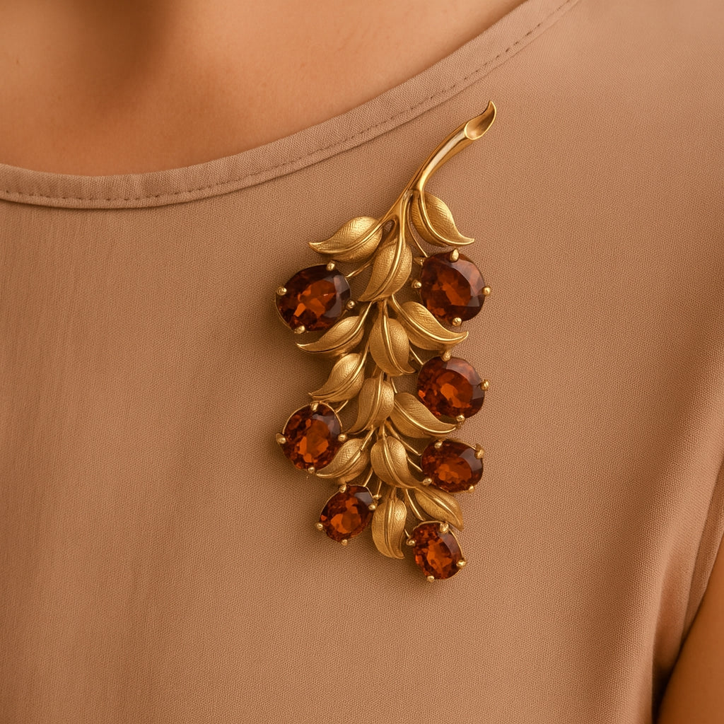 18k Gold Citrine Leaf Brooch