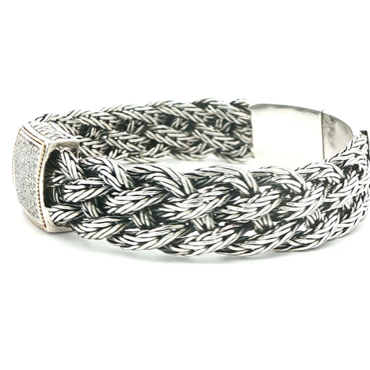 Estate 925 Sterling Silver & 18k Yellow Gold braided chain Diamond Bracelet