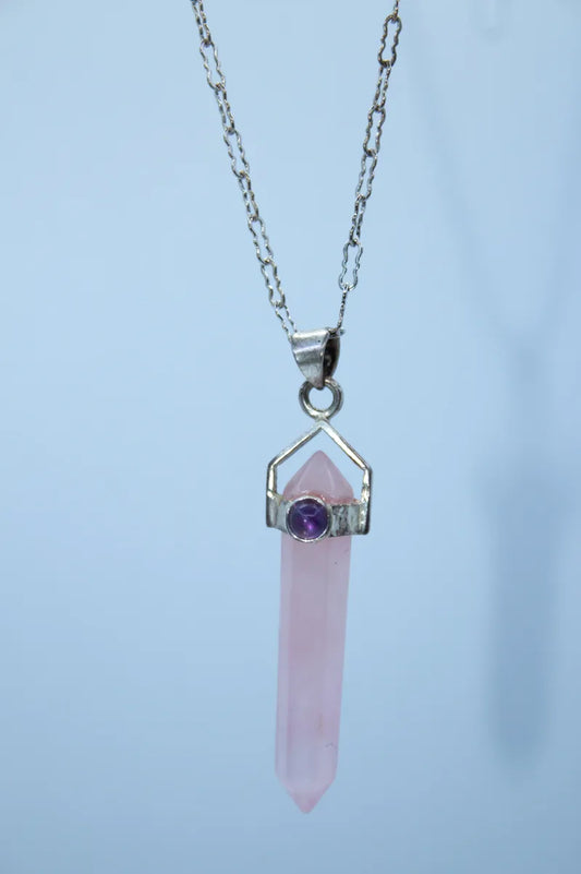 Sterling Silver Pink Quartz Crystal Necklace