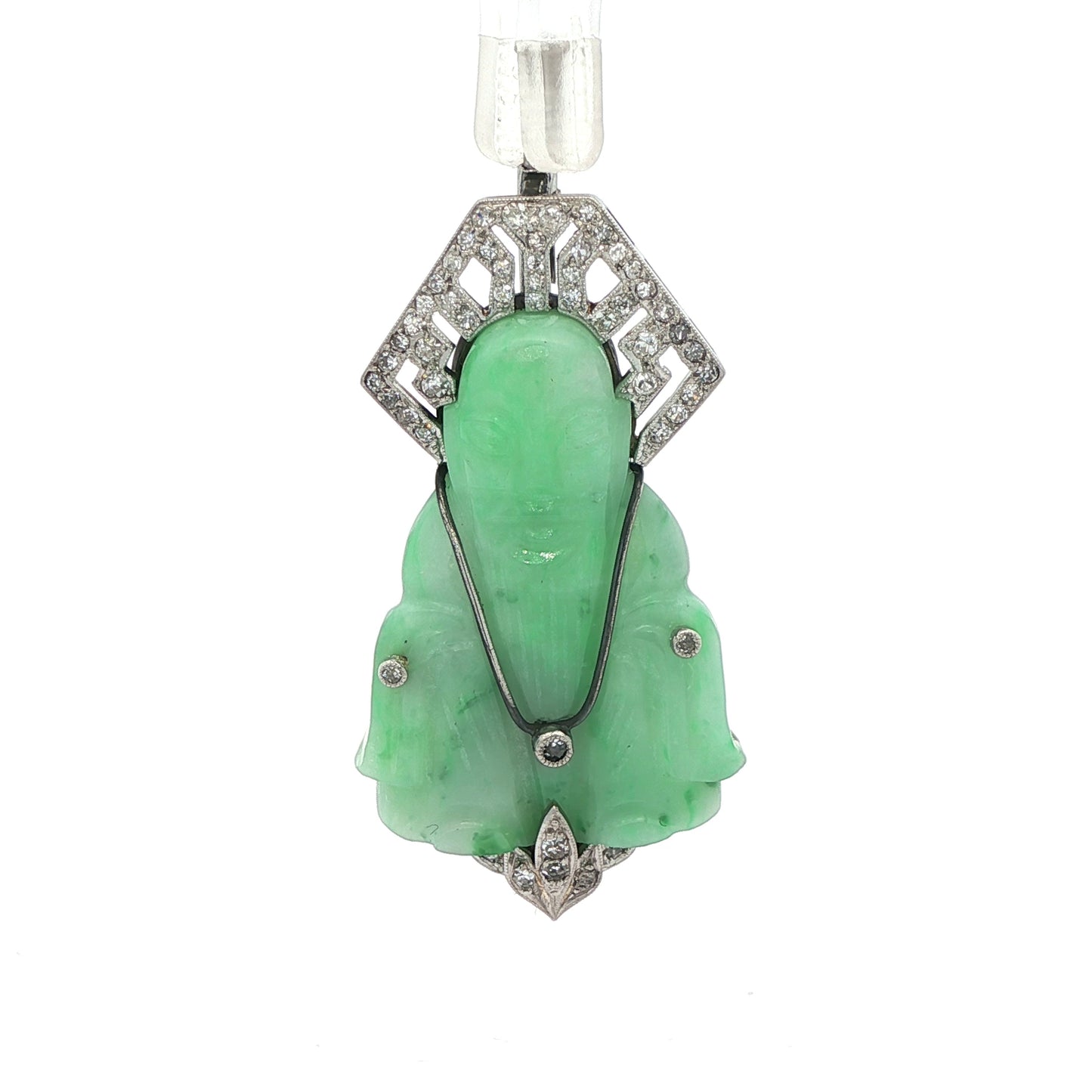 14k White Gold Estate Diamond and Apple Jade Buddha Brooch/Pin