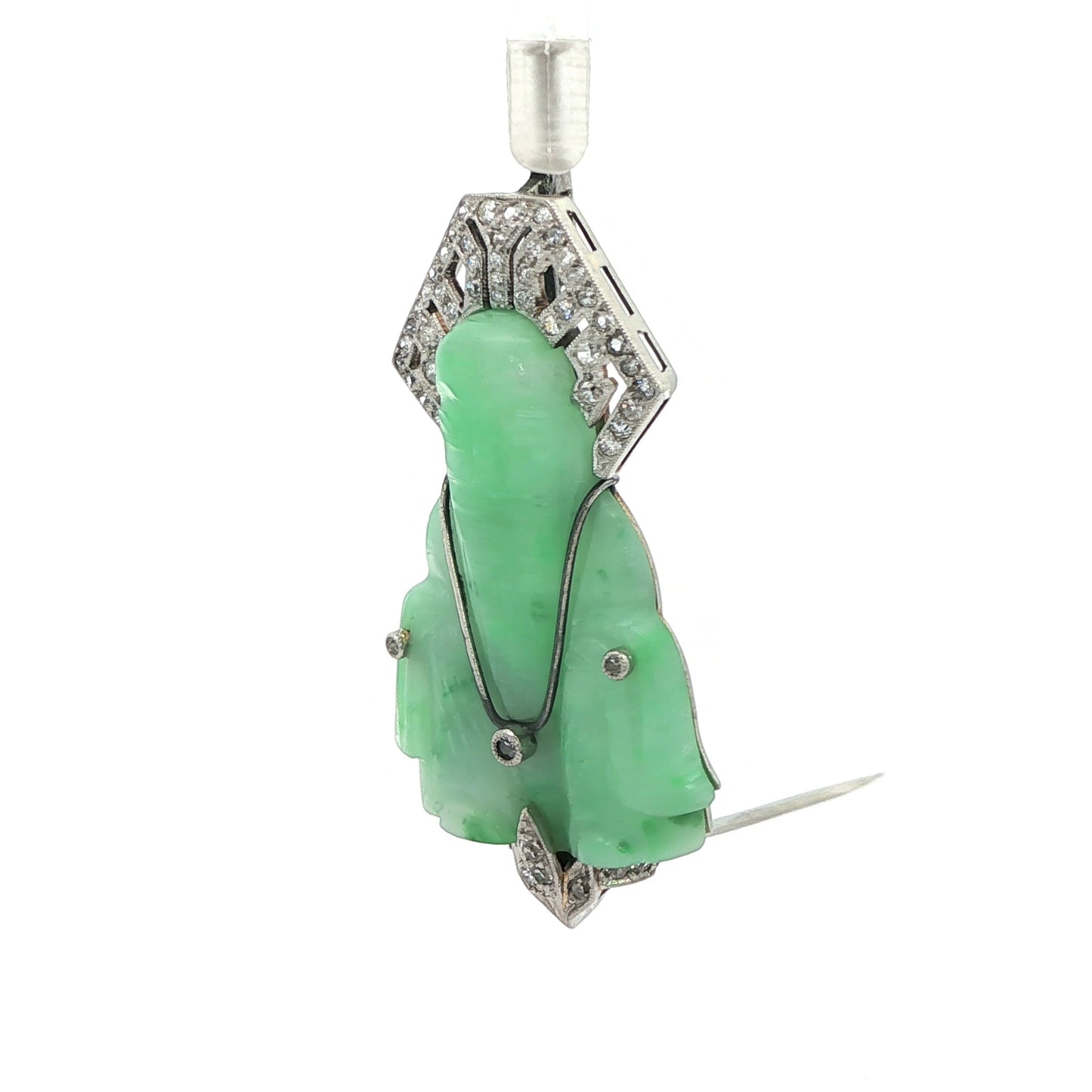14k White Gold Estate Diamond and Apple Jade Buddha Brooch/Pin