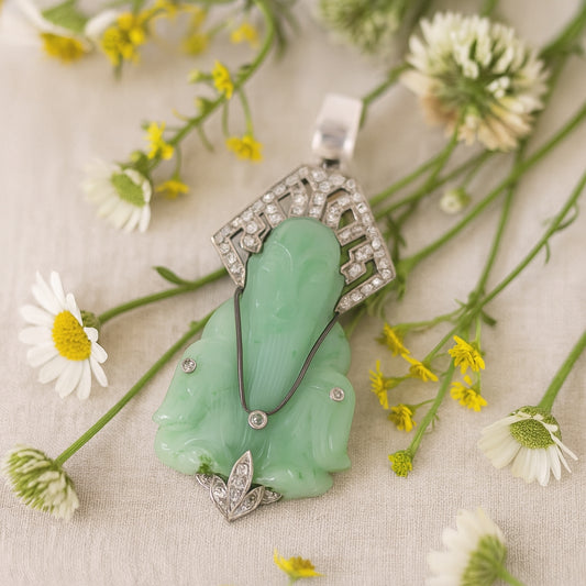 14k White Gold Estate Diamond and Apple Jade Buddha Brooch/Pin