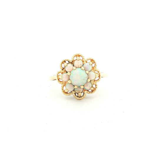 10k Yellow Gold Opal Cluster Ring with Filagree Halo