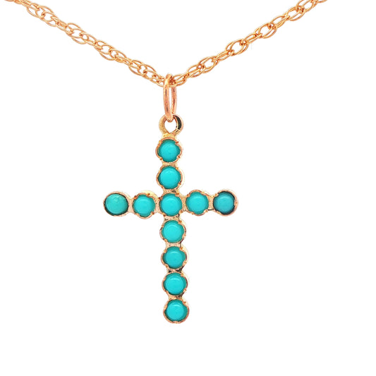 14K Yellow Gold Estate Turquoise Cross Pendant