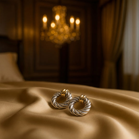 Vintage Sterling Silver & 18K Yellow Gold Cable Hoop Earrings – Italy, Estate Designer Style