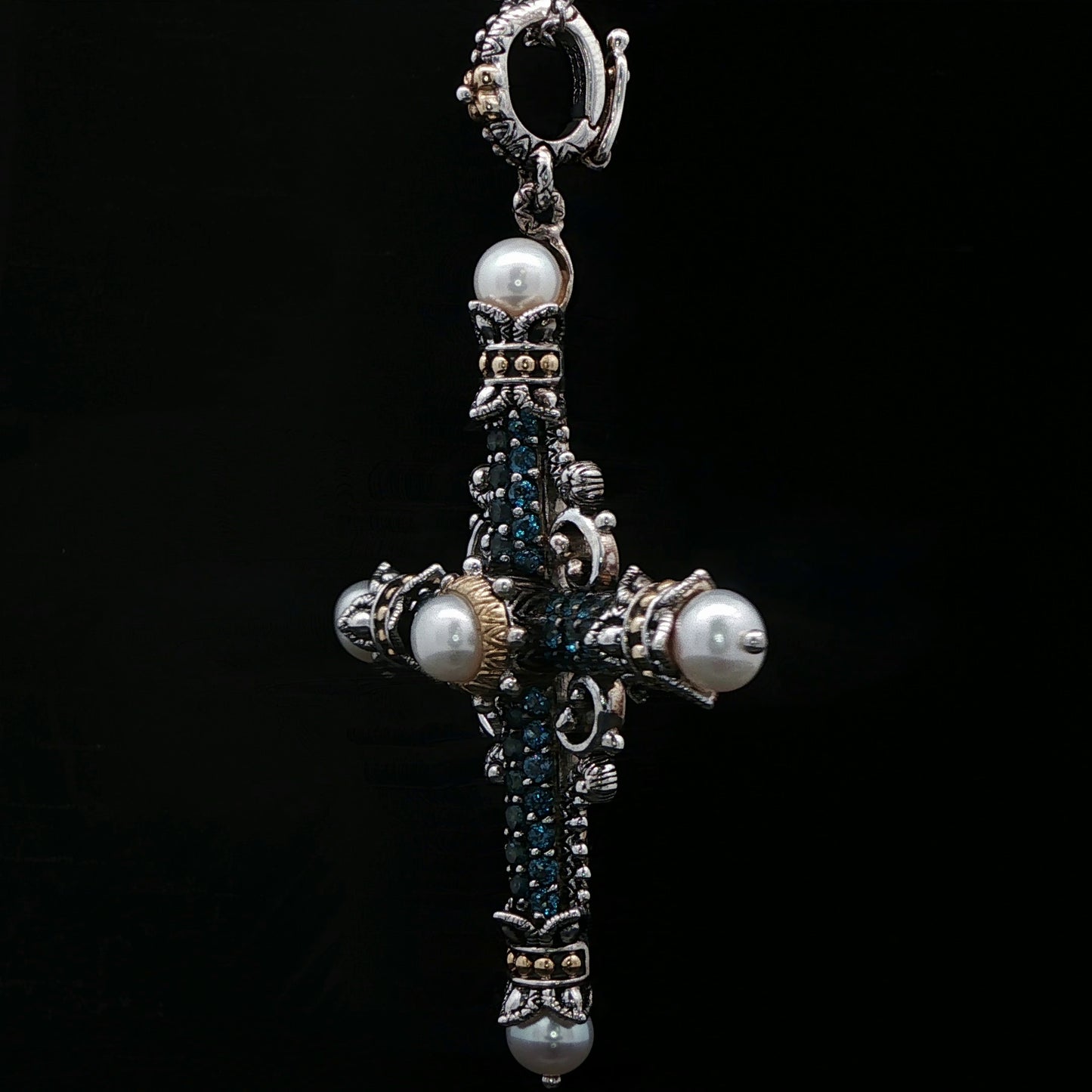 Sterling Silver Cross and 18k Yellow Gold Bali style, Barse Pearl-Accented  Pendant with Gold Accents