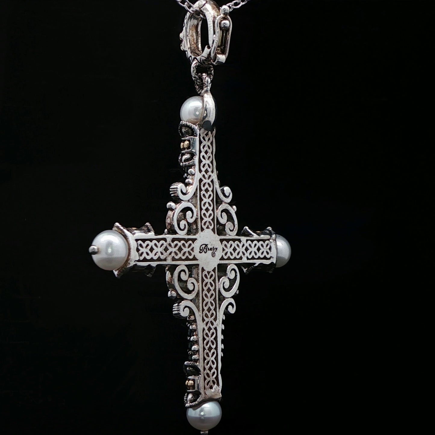 Sterling Silver Cross and 18k Yellow Gold Bali style, Barse Pearl-Accented  Pendant with Gold Accents