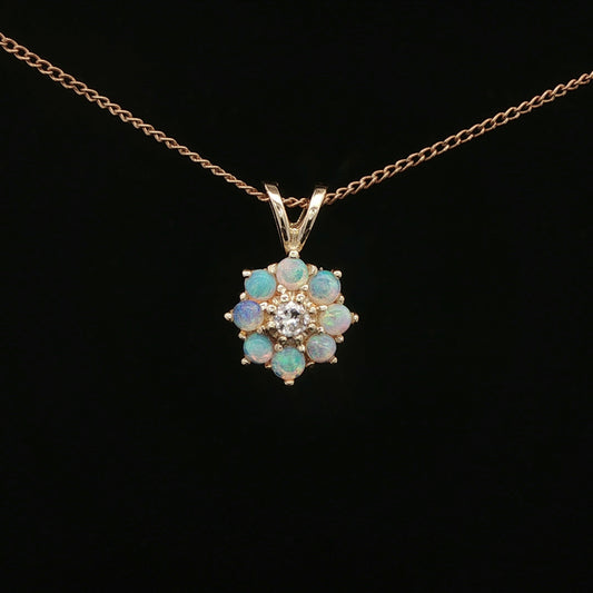 14k Yellow Gold Opal Floral Diamond Center Pendant