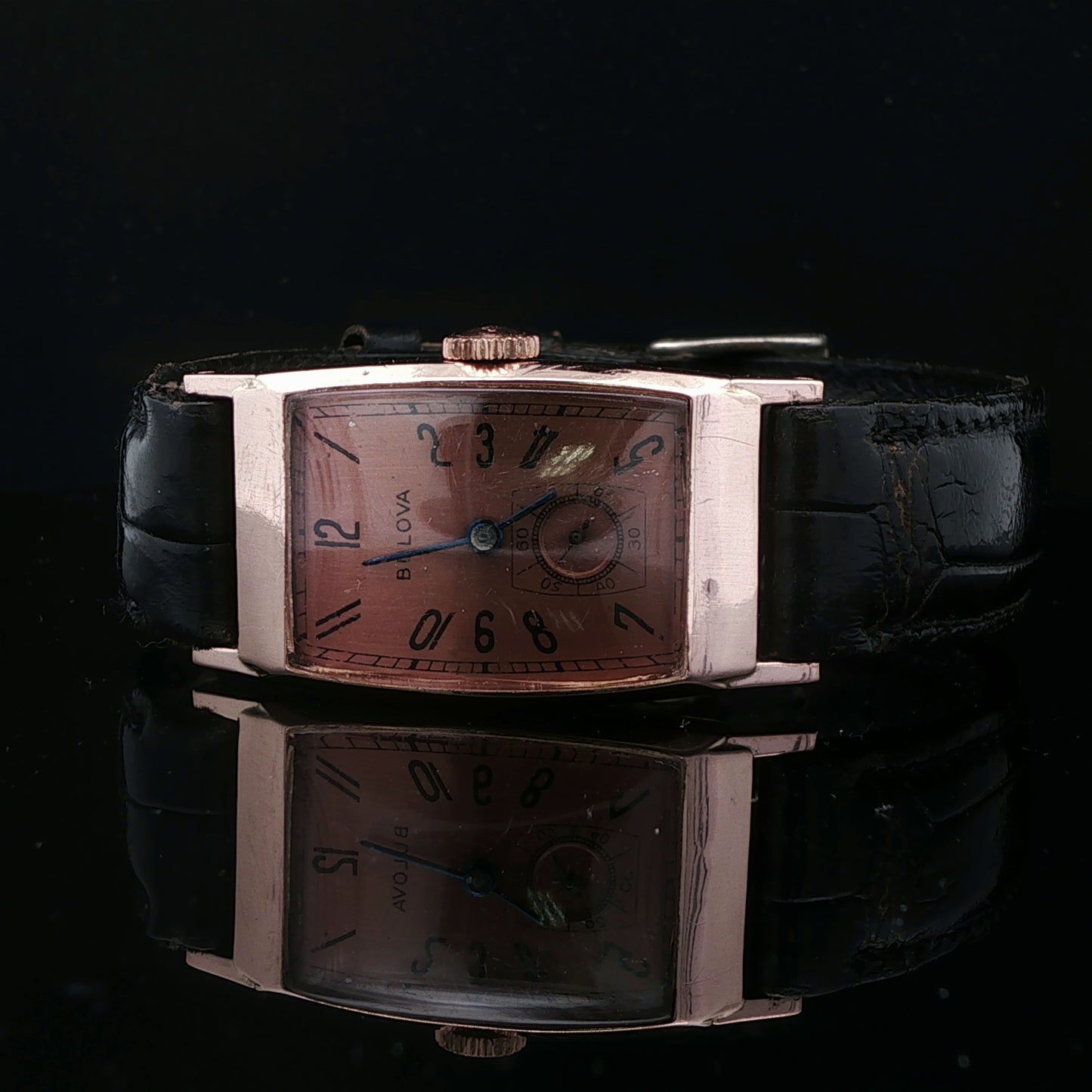 14K Vintage Rose Gold Tank Style Bulova Watch