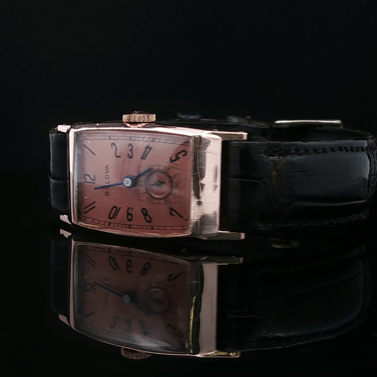 14K Vintage Rose Gold Tank Style Bulova Watch