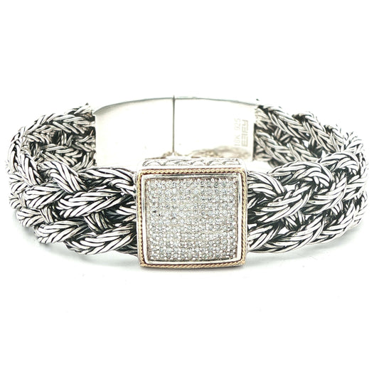 Estate 925 Sterling Silver & 18k Yellow Gold  braided chain Diamond Bracelet