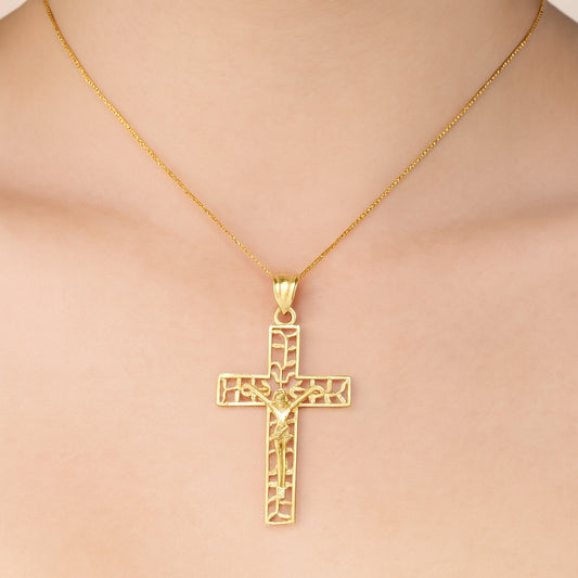 10K Yellow Gold Floral Cross Charm Necklace