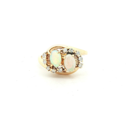 14K Yellow Gold Two Stone Opal Diamond Swirl Ring