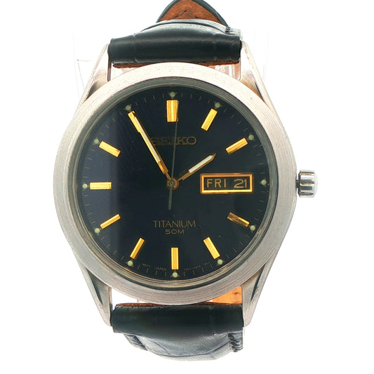 Seiko Titanium 50M Men's Watch-Blue Dial,Day-Date Leather band