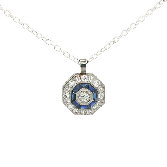 1930s Estate Platinum Natural Sapphire and Diamond Pendant Approx. 1 CTW