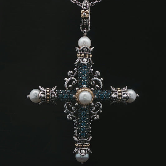 Sterling Silver Cross and 18k Yellow Gold Bali style, Barse Pearl-Accented  Pendant with Gold Accents