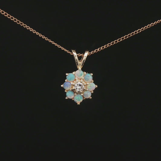 14k Yellow Gold Opal Floral Diamond Center Pendant