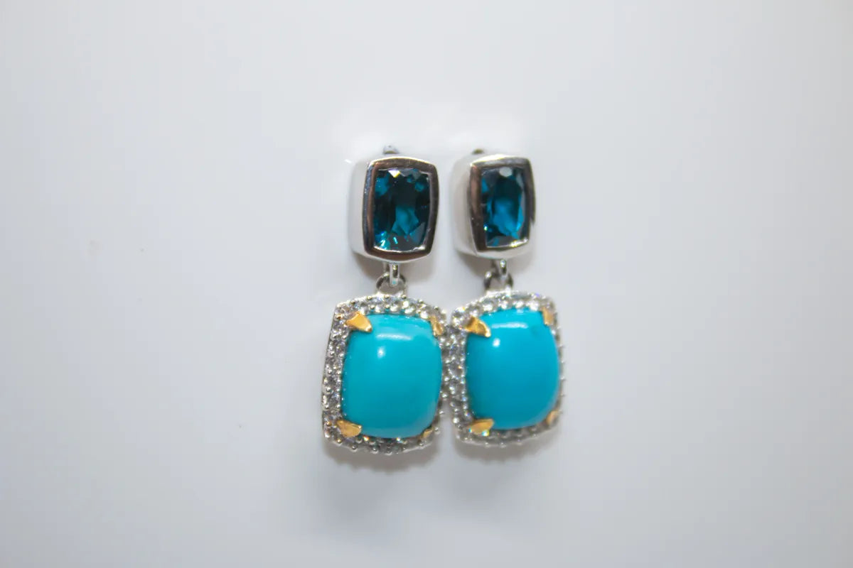 Sterling Silver Turquoise with Sky Blue Topaz and CZ Earrings