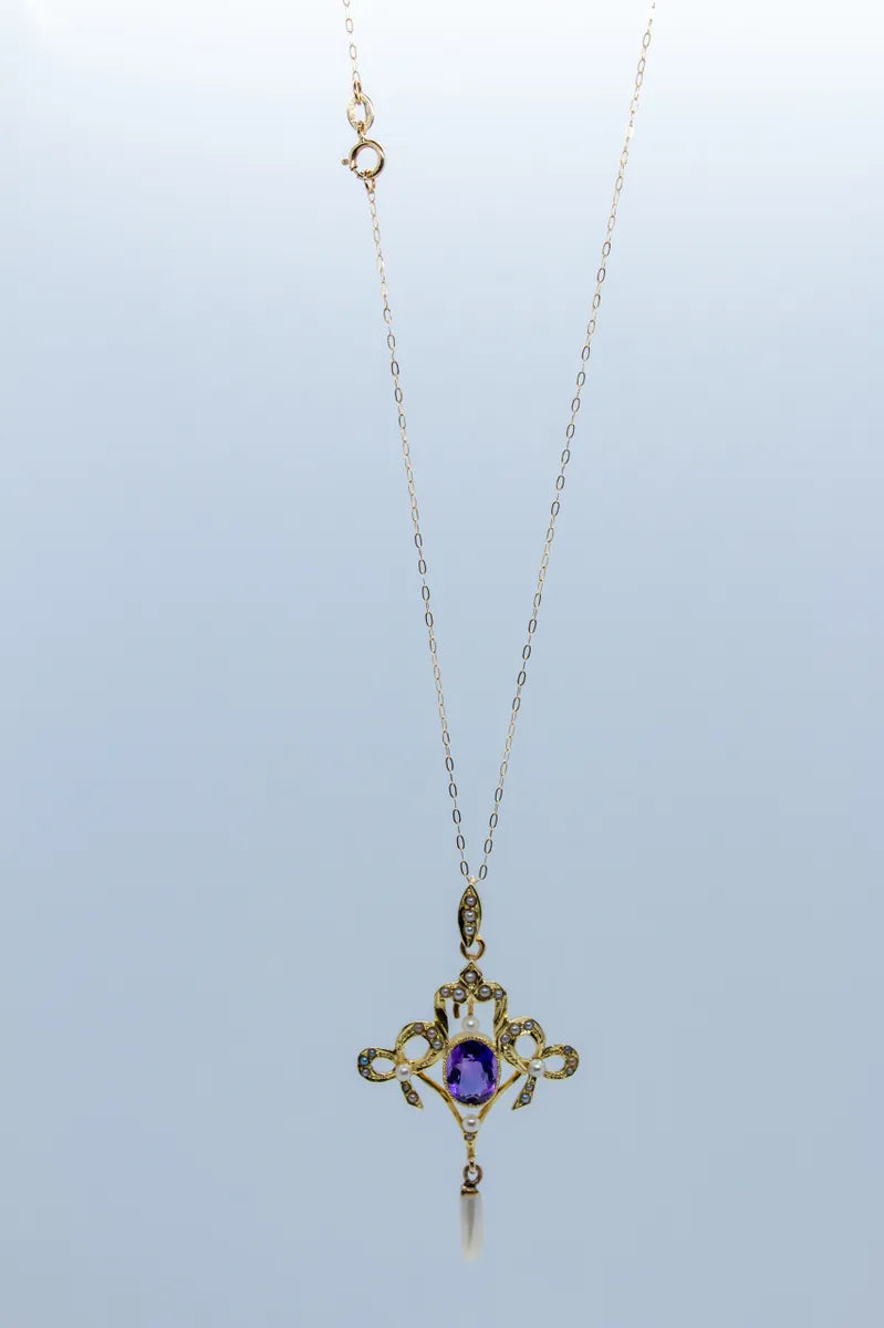 14 K Y/G Amethyst, Pearl Estate Necklace