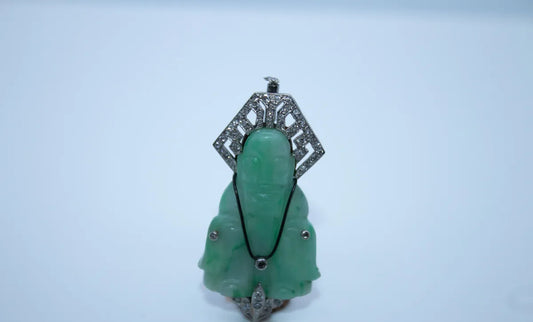 14 Karat White Estate Diamond and Apple Jade Buddha Pendant/Pin