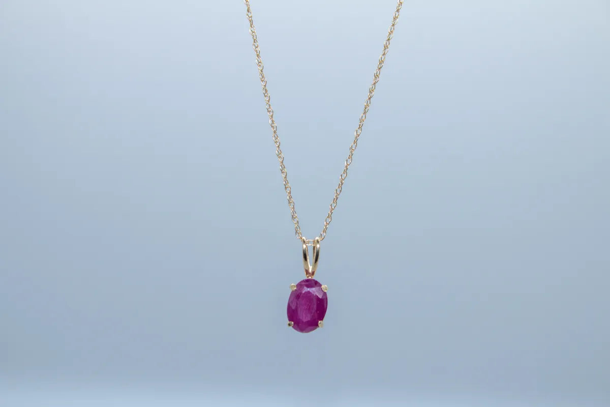 14 K Yellow Gold Oval Ruby Pendant with Chain