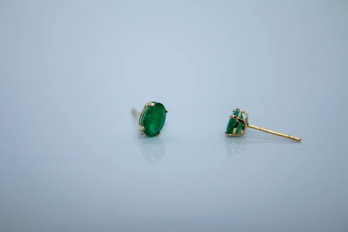 14K Yellow Gold Emerald, Oval Cut Earrings