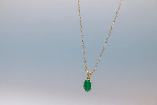 14 K Yellow Gold Emerald Oval Pendant with Chain