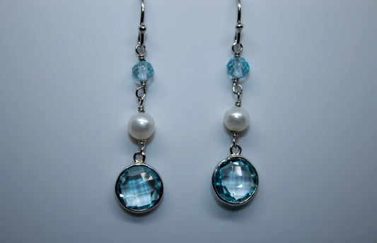 Sterling Silver Salt Water Pearl with Sky Blue Topaz Dangling Earrings
