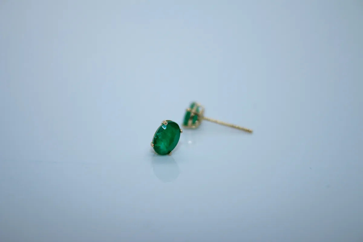 14K Yellow Gold Emerald, Oval Cut Earrings