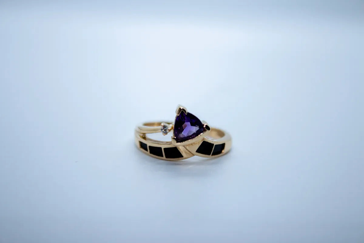 14 K Y/G Amethyst Ring and Onyx with Diamond Accent