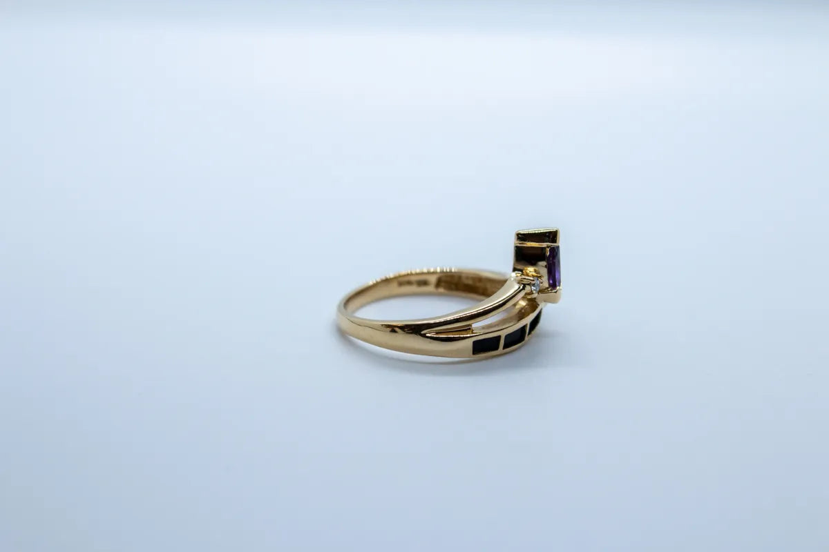 14 K Y/G Amethyst Ring and Onyx with Diamond Accent