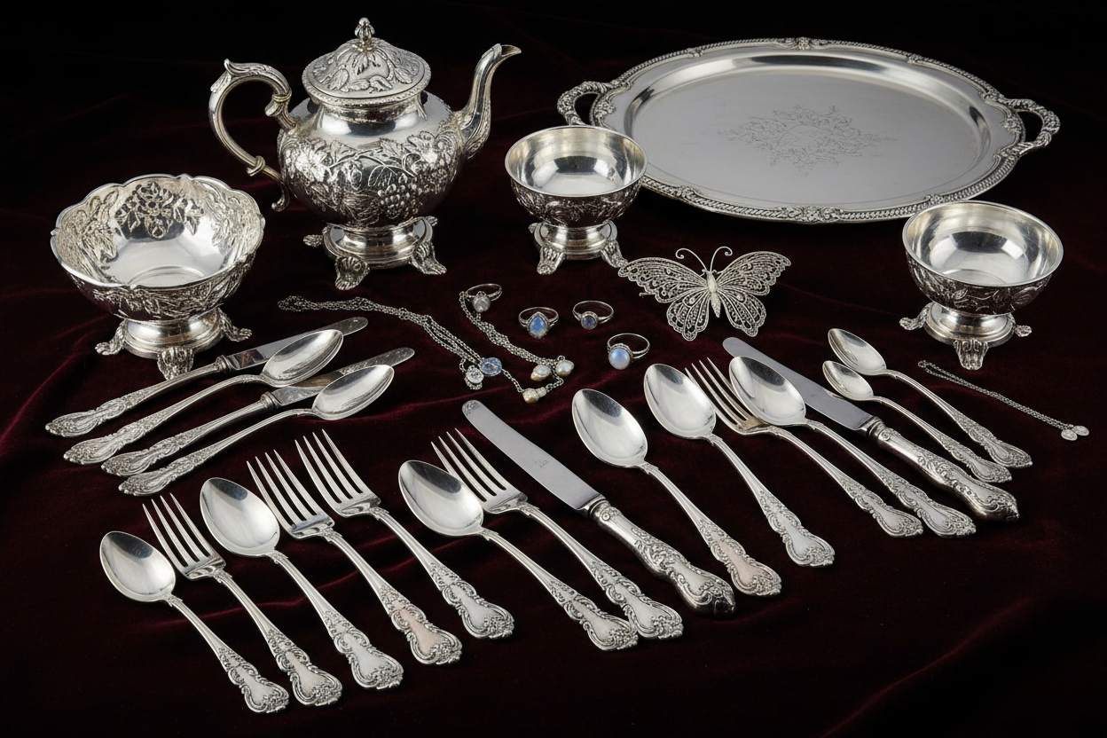 Silver flatware sets, halloware, and old jewelry